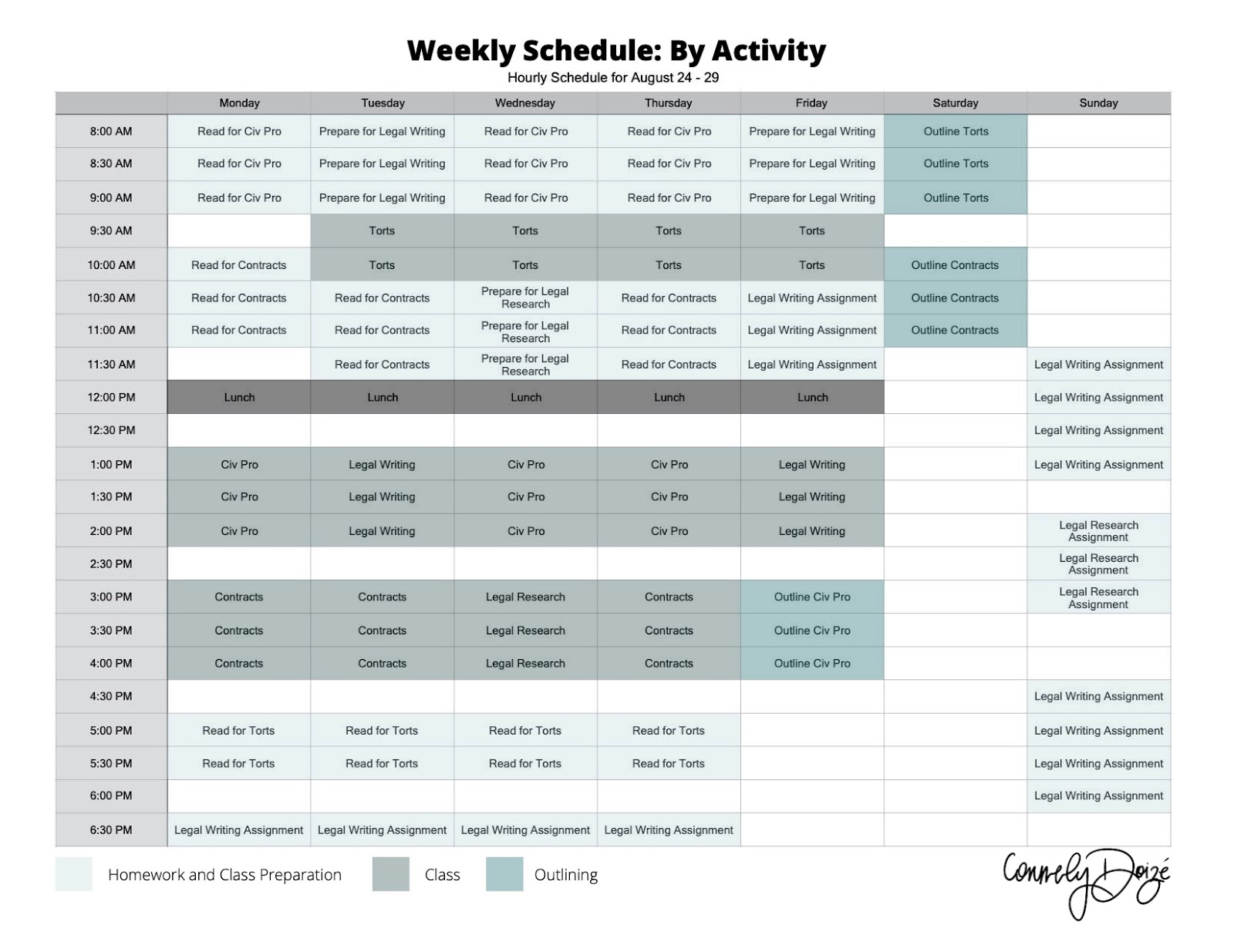 Color coded schedule broken down in thirty minute increments. Time is chunked by activity.