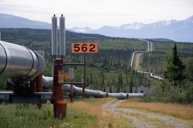 The trans-Alaska oil pipeline, as it zig-zags across the landscape