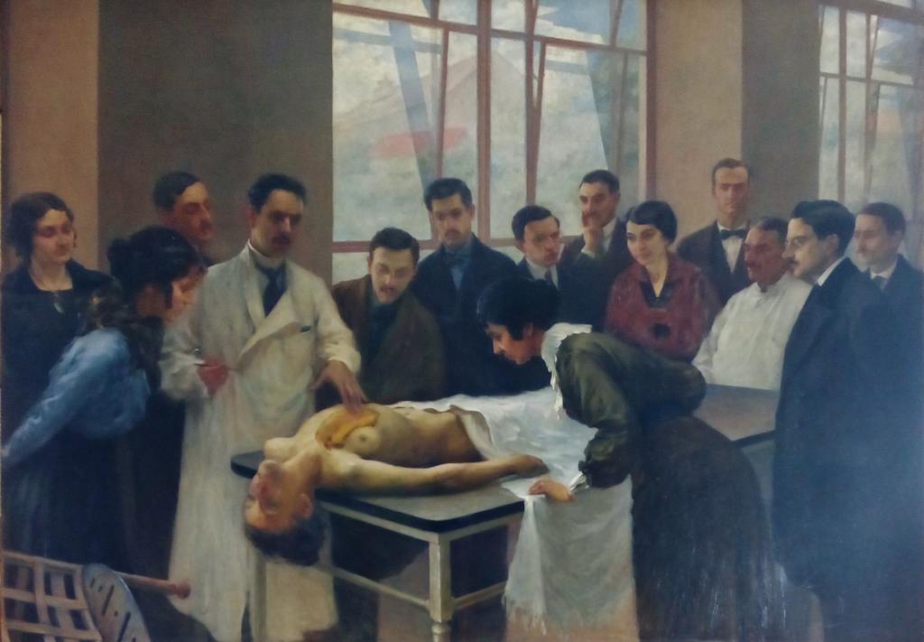 A painting of a group of people around a body during an autopsy in 1914.
