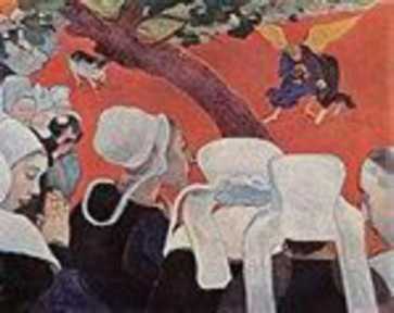 A painting of The Vision After the Sermon which depicts an angel holding a man while women in black dresses and white bonnets watch.