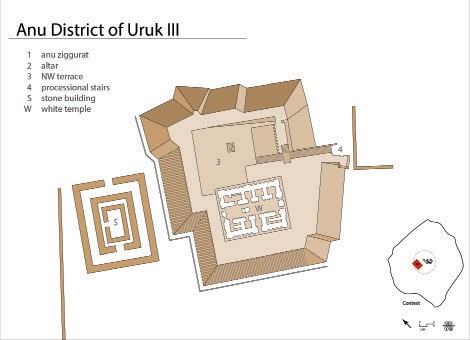Anu District of Uruk | A map of Uruk’s Anu District, with its buildings and notes.