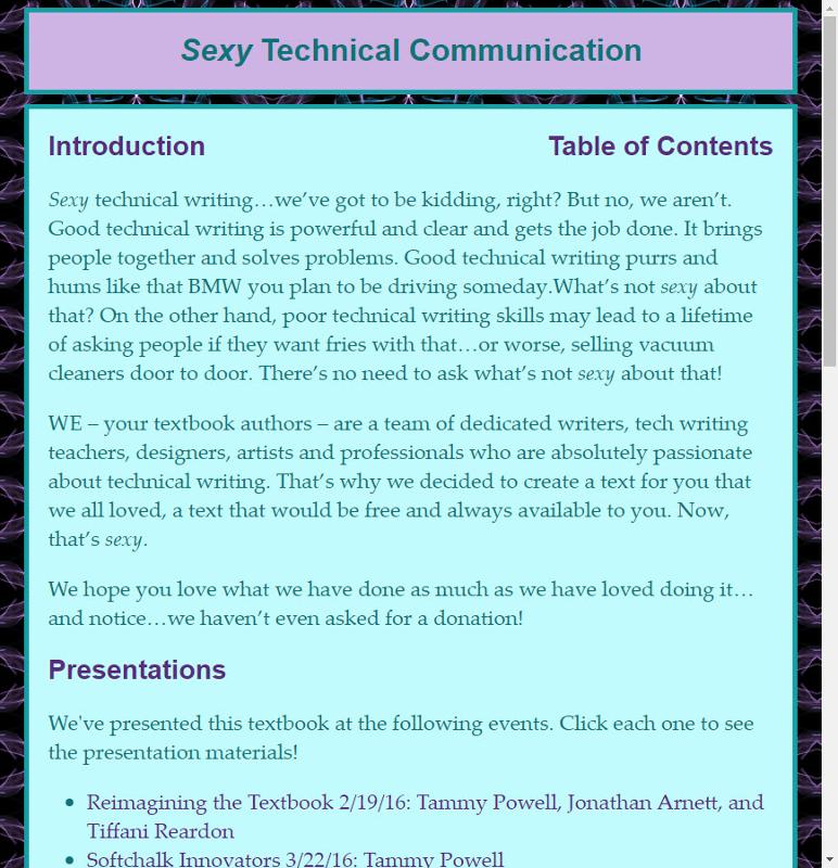 Figure 1. A screenshot of the original design for Sexy Technical Communication includes green and purple shades on the text and backgrounds.