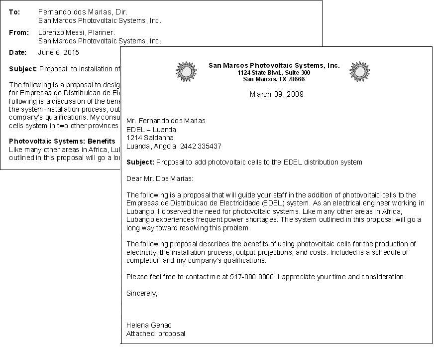 Two images of a business letter are shown side-by-side. The image on the left shows a short, informal email-like layout of a letter from Lorenzo Mesal to Fernando dos Mares, dated June 6, 2016, with the subject "Proposal for installation of." The image on the right shows a more formal version of the same letter from a company called San Marcos Photovoltaic Systems, with the same recipient, subject, and date, but with a more detailed body and a different sender named Helene Gensu.