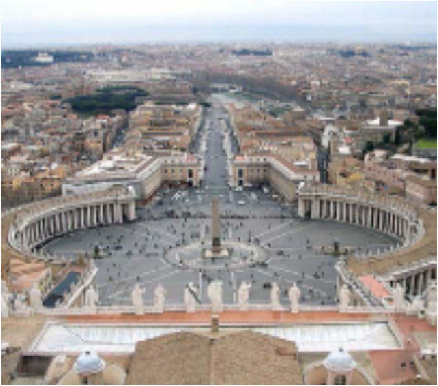 a view of St. Peter's Square in Rome shows Bernini's famous columns, four rows deep and curving, as if they were massive arms enveloping the faithful