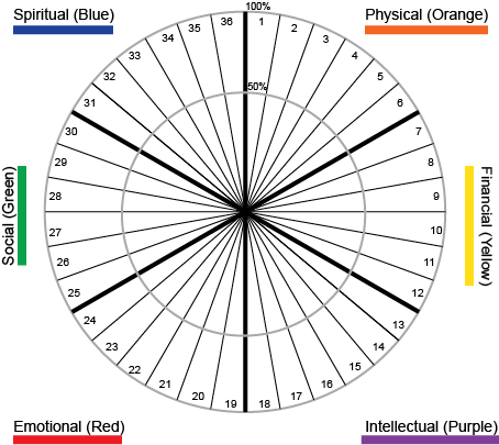 The wellness wheel. Numbers 1 through 6 are in the Physical category, 7-12 Financial, 13-18 Intellectual, 19-24 Emotional, 25-30 Social, 31-36 Spiritual. There is a 50% circle inside of the bigger circle. The circumference is marked 100%.
