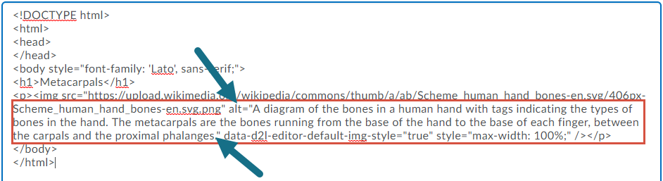 An HTML-based editor. The alt attribute on the image tag is highlighted with arrows pointing to its beginning and end.