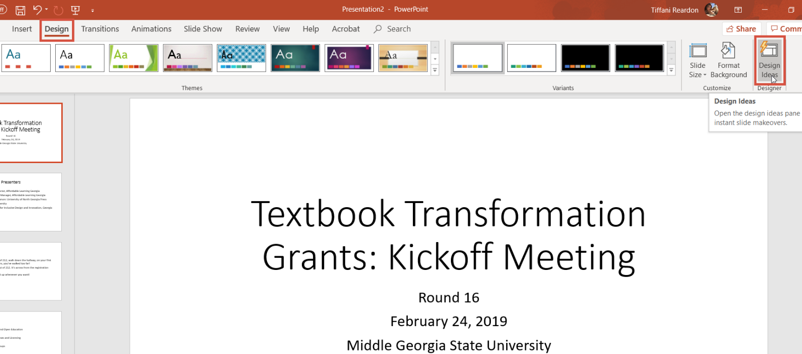 A PowerPoint presentation. The Design tab and the Design Ideas button are highlighted.