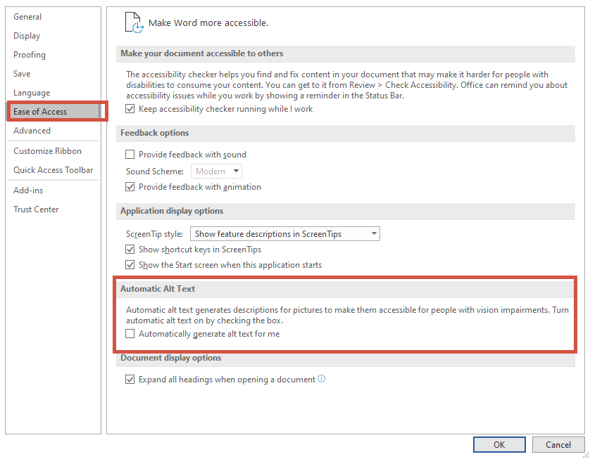 The Options menu in Word. The Ease of Access and Automatic Alt Text areas are highlighted.