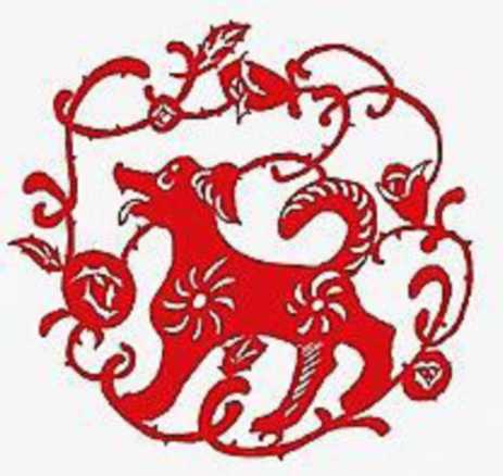 Chinese paper cutting depicts a dog in the middle of vines and flowers.