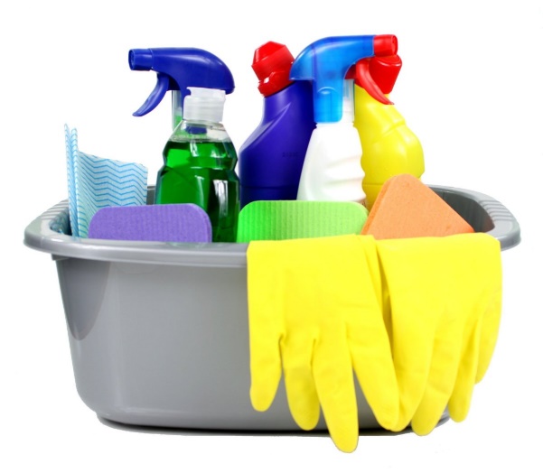 a bin full of cleaning supplies