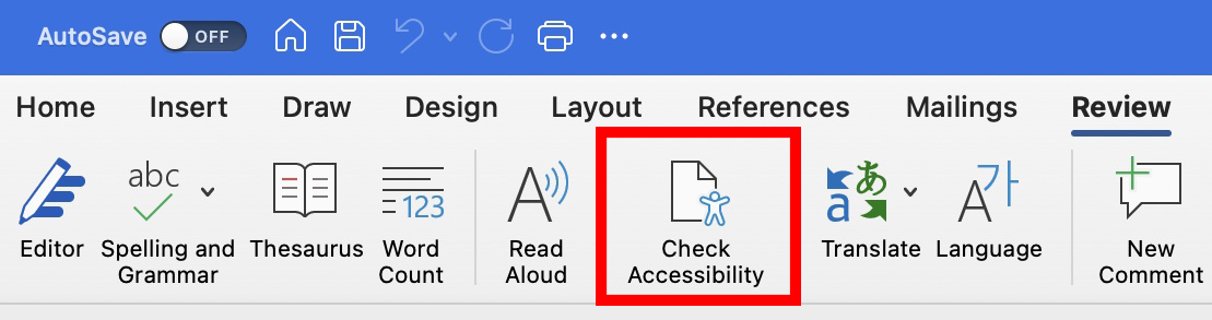 MS Word toolbar showing accessibility checker with a red box around it.