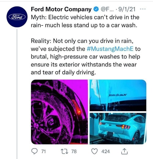 Myth: Electric vehicles cannot drive in the rain - much less stand up to a car wash. Reality: Not only can you drive in rain, we have subjected the #MustangMachE to brutal, high-pressure car washes to help ensure its exterior withstands the wear and tear of daily driving.