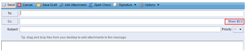 A screenshot of an empty email message window with an empty "To" field, an empty "Subject" field, and an empty message body. The “Bcc" field is outlined in a red box.