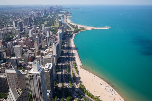 a beach with hotels