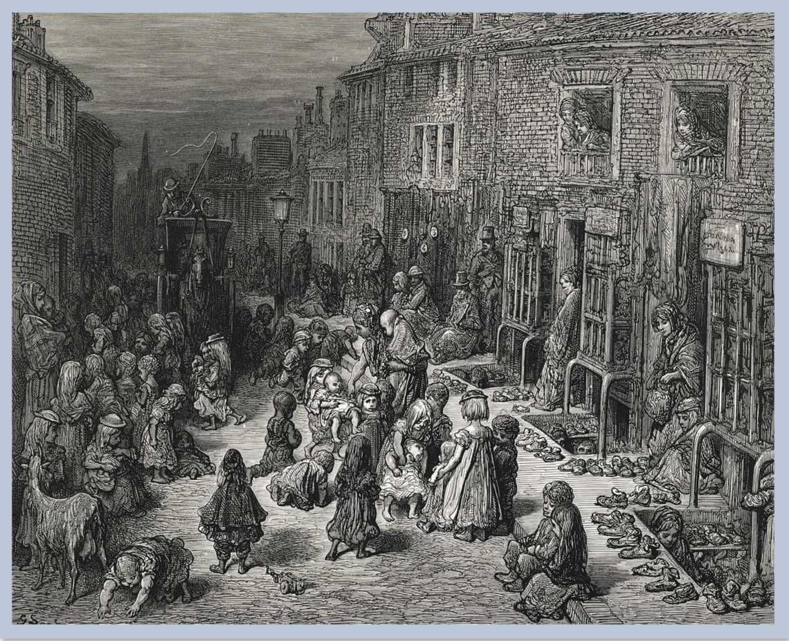 A crowd of people and animals outside of tall buildings. Shoes are lined up near the entrances into the buildings.