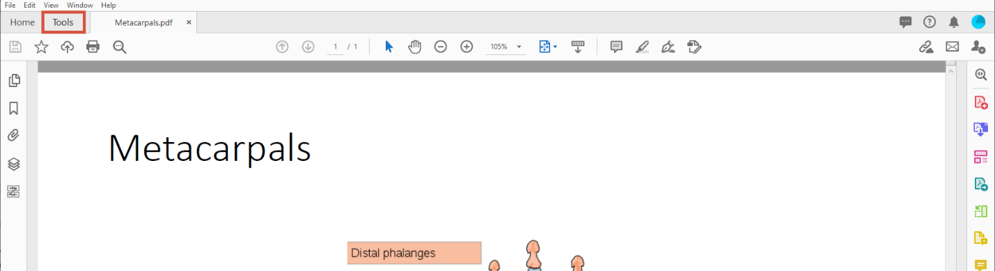 A PDF document opened in Adobe Acrobat. The Tools tab is highlighted.