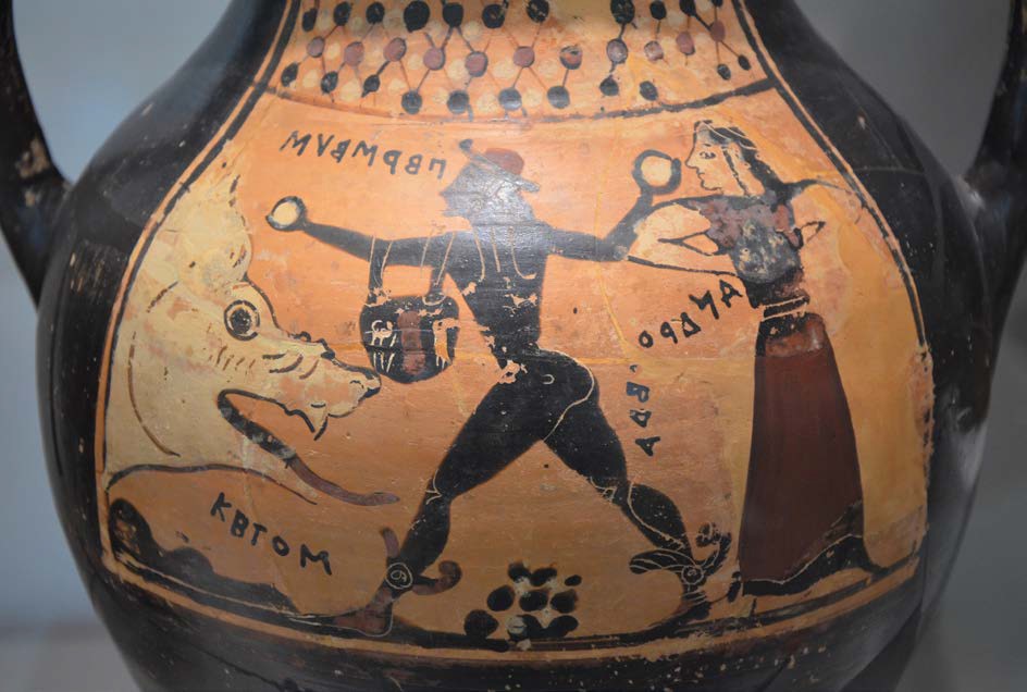 Corinthian black-figure amphora, depicting the myth of Perseus and Andromeda c. 575-550 BCE, found in Cerveteri, Italy