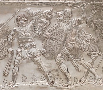 Rendition of David Fighting Goliath found on a Medieval Cast plate; 613-630 