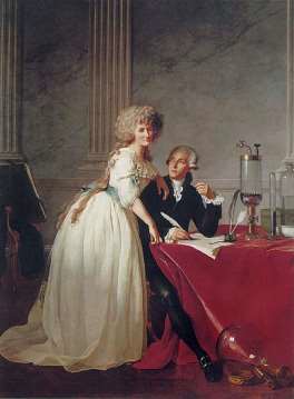A painting of a man in a wig sitting down at a table, paper and scientific equipment in front of him. A woman in a long white dress stands next to him, with her arm on his shoulder.