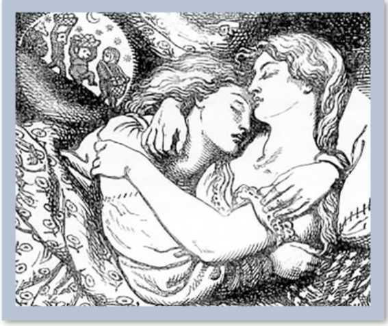 Two women holding each other as they sleep.