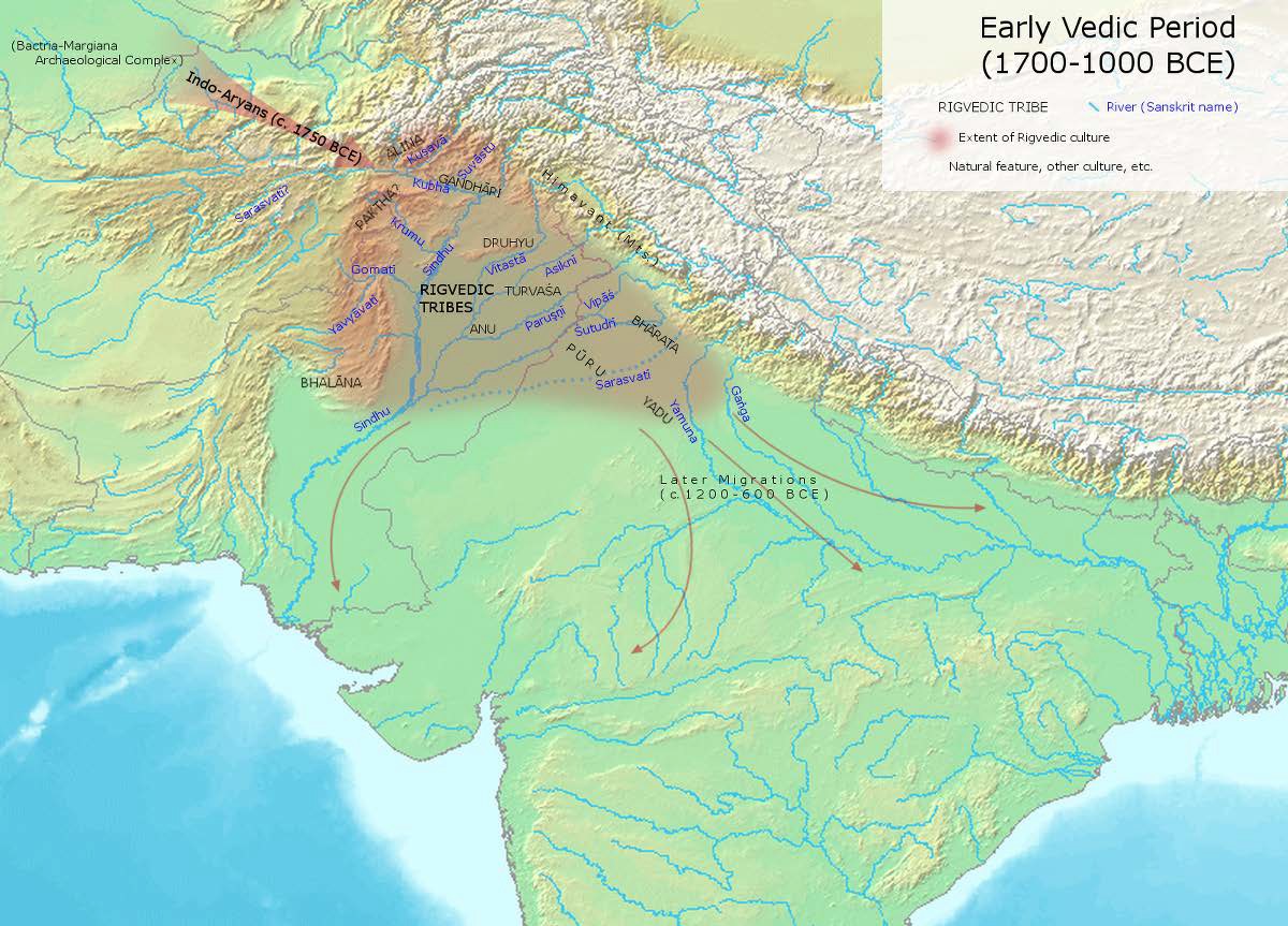 Map of Early Vedic Culture (1700-1000 BCE), showing the Aryan's migration routes and the areas where they first resided in the Punjab.