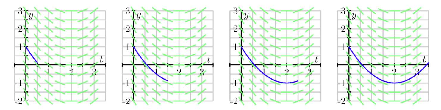 Four graphs with lines for finding the slope field. A curve is drawn on the graphs. 