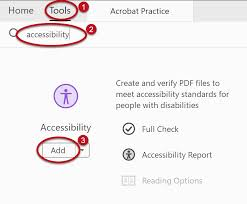 MS PowerPoint accessibility tool with red circles around option "Tools", "accessibility", and option "add".