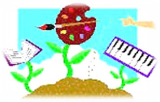 A cartoon image of an art paint pallet and paintbrush on a flower stem. On one side of the art pallet is a piano keyboard on a flower stem, and the other side is an open book on a flower stem.