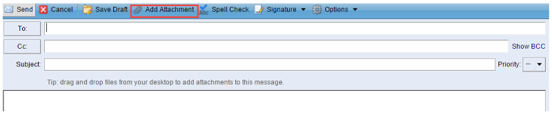 A screenshot of a blank email message window. The "Add Attachment" button, which has an icon of a paperclip, is highlighted with a red box. The fields for "To," "Cc," and "Subject" are empty.