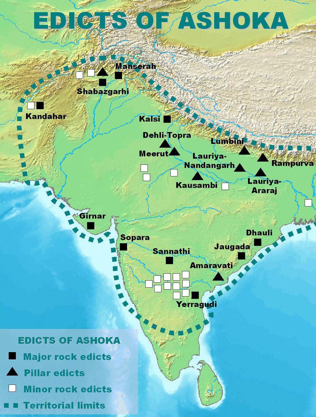 Map of locations of the rock edicts and pillars of King Ashoka