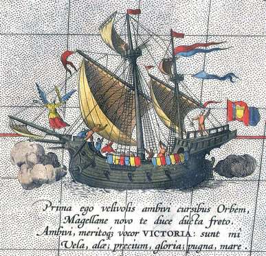A drawing of a ship with flags, and Latin script on the bottom.