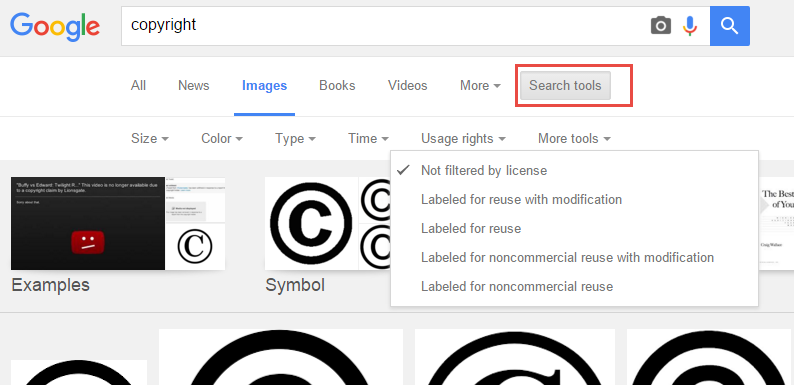 A screenshot of a Google Images search. The Search tools button is selected. Usage Rights dropdown is opened, and the different usage rights options are shown.