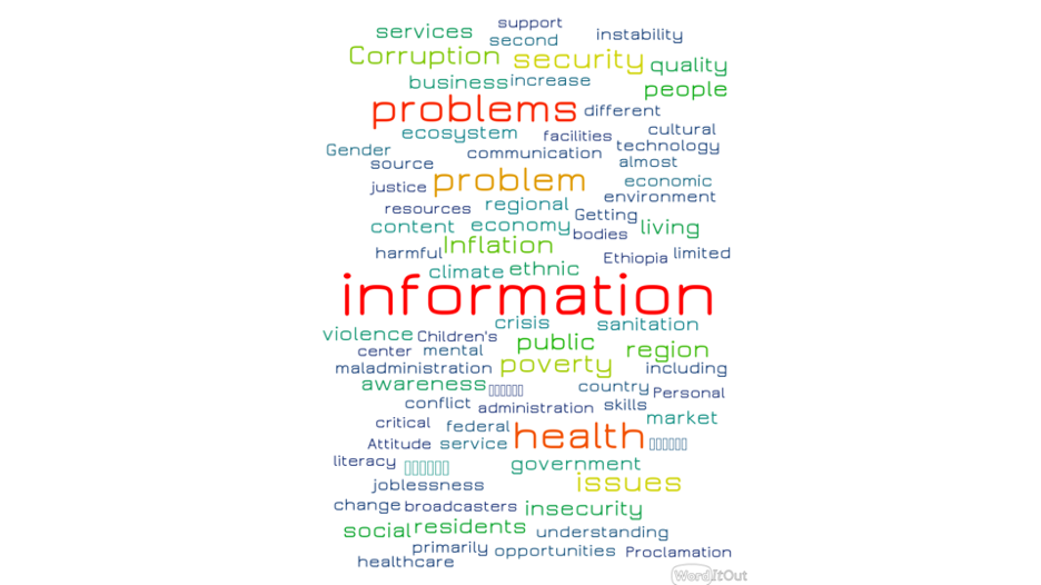 The image is a word cloud made up of the issues our Ethiopia program applicants determined to be the most prevalent or pressing in their region of Ethiopia. Information is the most prominent word.