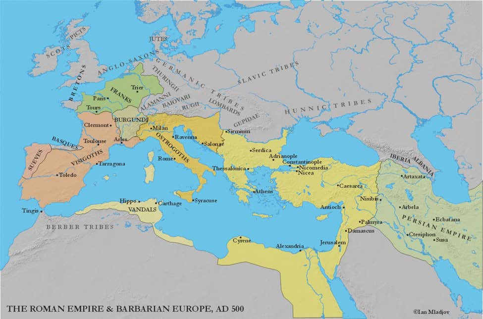 Map of The Roman Empire and Barbarian Europe 500 CE