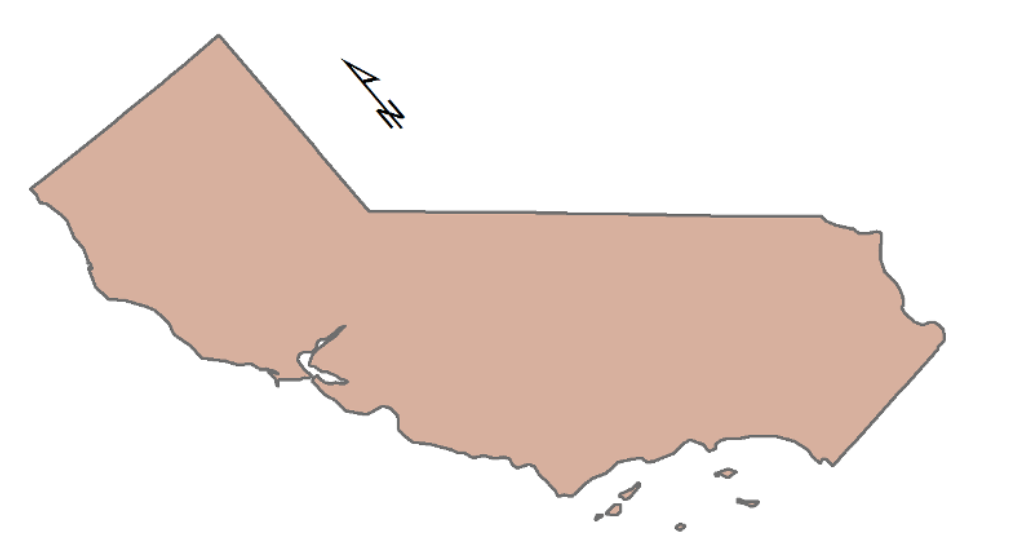 map of california laying on its side with an arrow showing where North is
