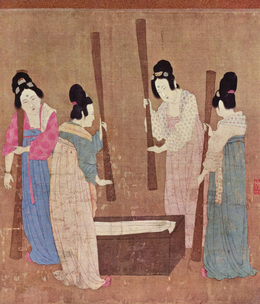 Painting of ladies at the Song court preparing silk.