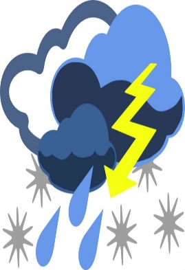 Clip art of a storm cloud with lightening, rain drops, and snow flakes. 