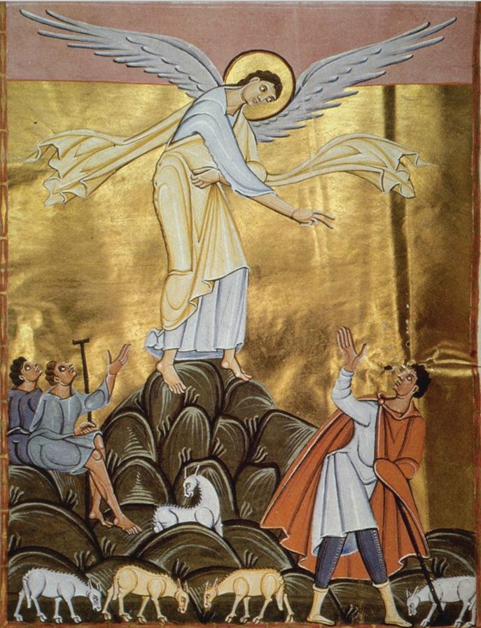 Annunciation to the Shepherds, illumination from the Book of Pericopes (Lectionary) of Henry II, fol. 8v, 1002-1012 CE. 