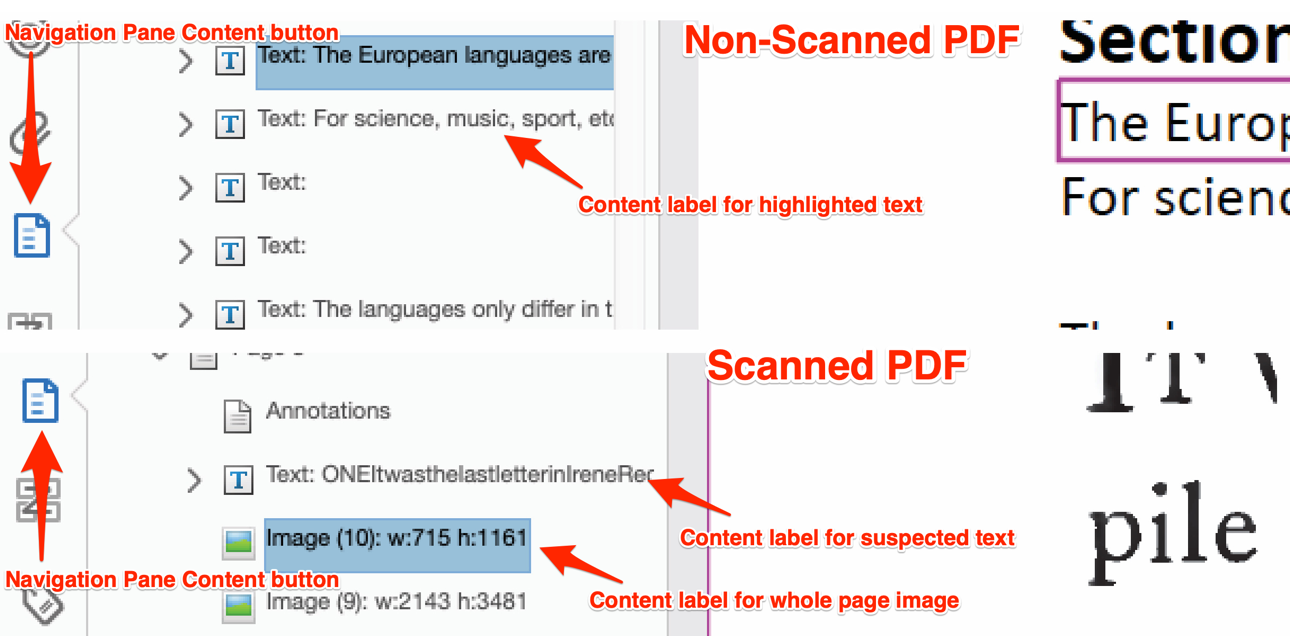 Screen shot of comparison of non-scanned and scanned PDF content.  Described under heading Scanned PDFs and OCR and in the caption.