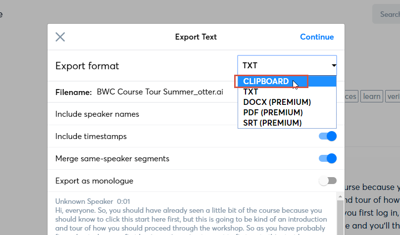 The Otter export page. Clipboard is highlighted.