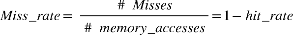 M i s s _ r a t e equals blank fraction numerator # blank M i s s e s over denominator # blank m e m o r y _ a c c e s s e s end fraction equals 1 minus h i t _ r a t e