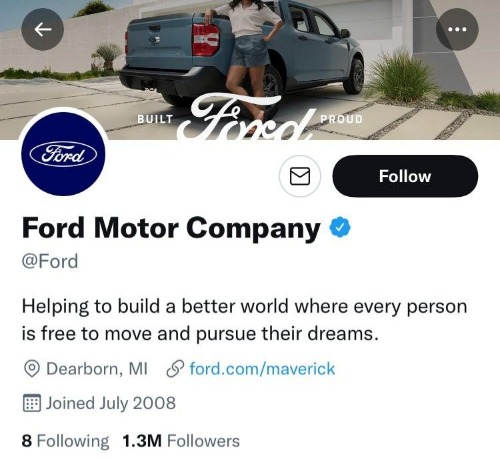 Ford Twitter Account
Helping to build a better world where every person is free to move and pursue their dreams.