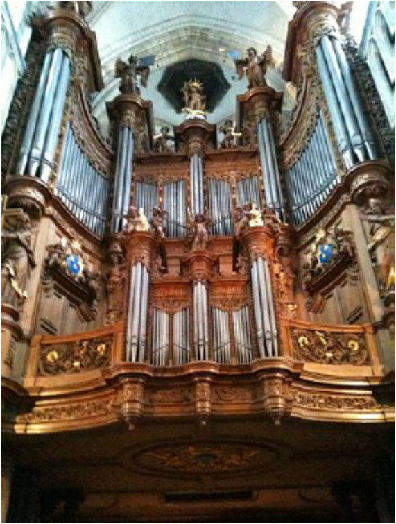 Baroque organ case made of Danish oak in Notre Dame Cathedral, St. Omer, France.