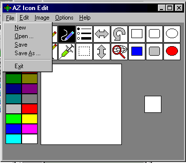 A screenshot of an old icon editing tool interface with the file menu open