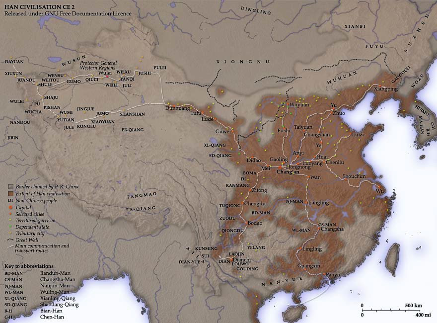 Map of the Han Dynasty in 2 CE