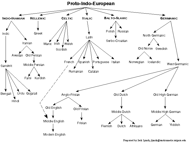 Chart showing the relationship between some languages in the Indo-European Family