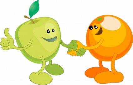 an apple and an orange shake hands