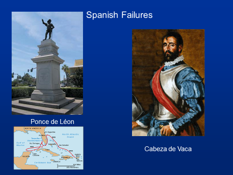 A statue of ponce de leon and a painting of cabeza de vaca