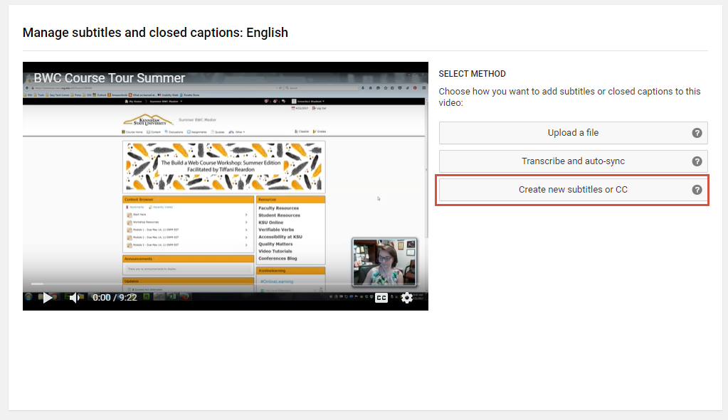 The YouTube add subtitles page. Create new subtitles or CC is highlighted.