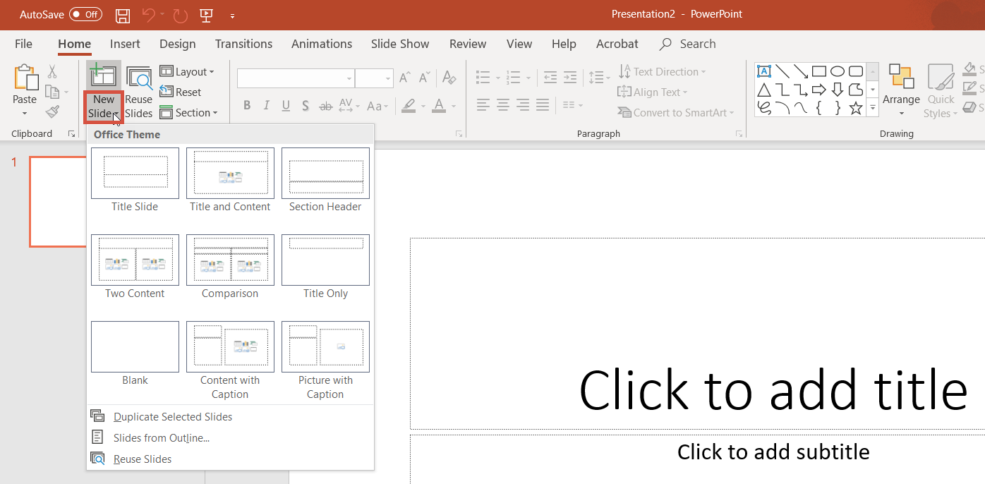 A PowerPoint presentation. The New Slide options button is highlighted and the menu is open.
